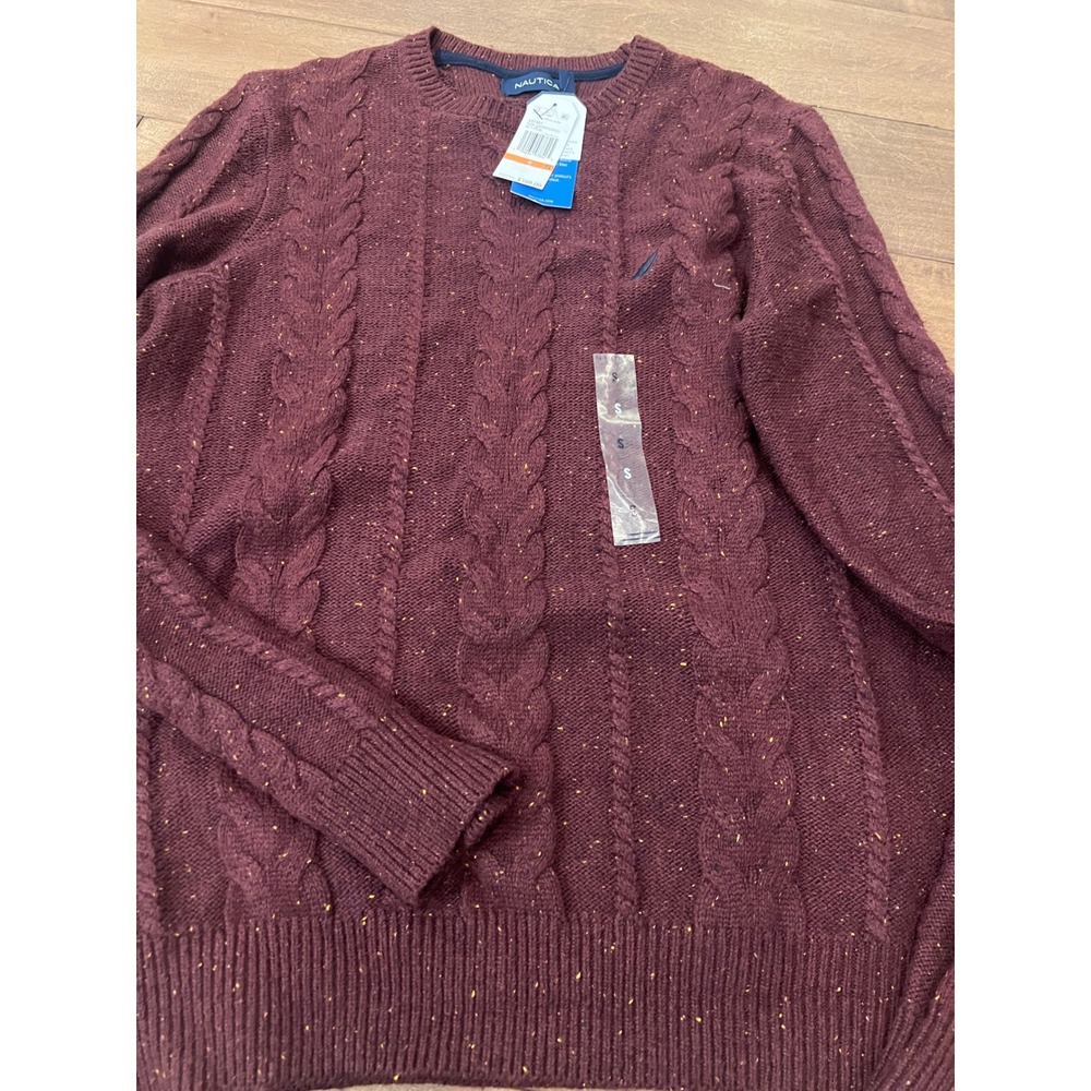 Nautica Mens Cable Knit Crewneck Sweater Burgundy Nep Fleck S37307 Size S - Picture 3 of 5